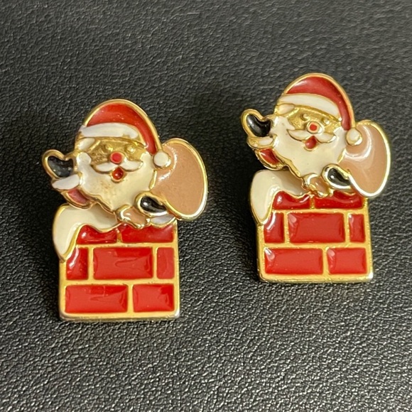 Pair Festive‎ Santa in Chimney Front to Back Post Earrings By AIM Kitschy Signed - Picture 1 of 4